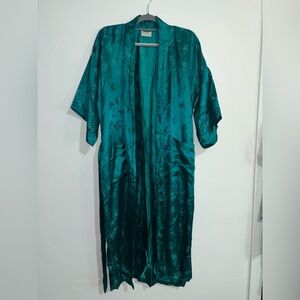 Vintage Lotus Teal Silk Kimono Robe, Made in Hong Kong
